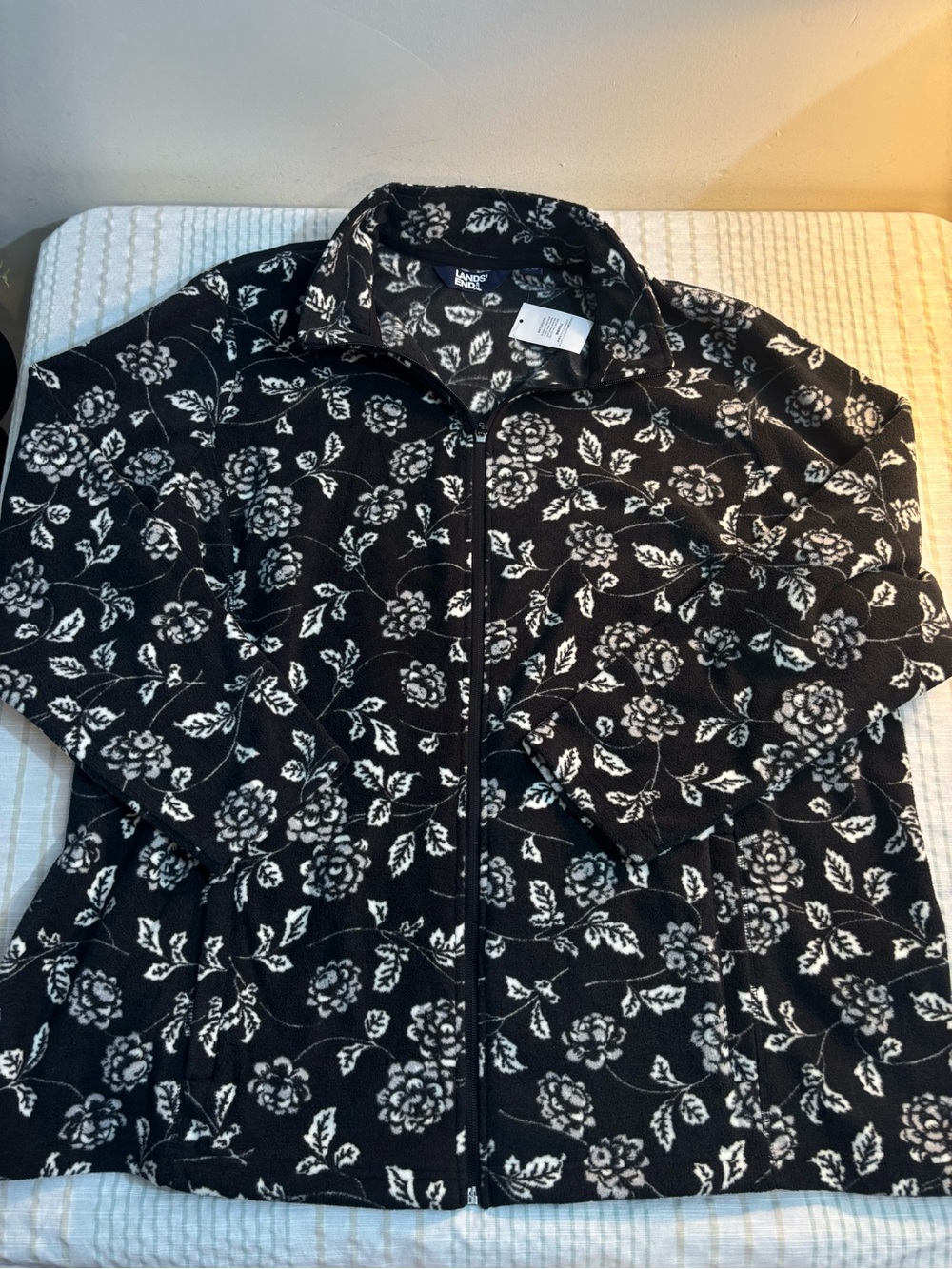 Lands' End Black Zip-Front Floral Knit Jacket